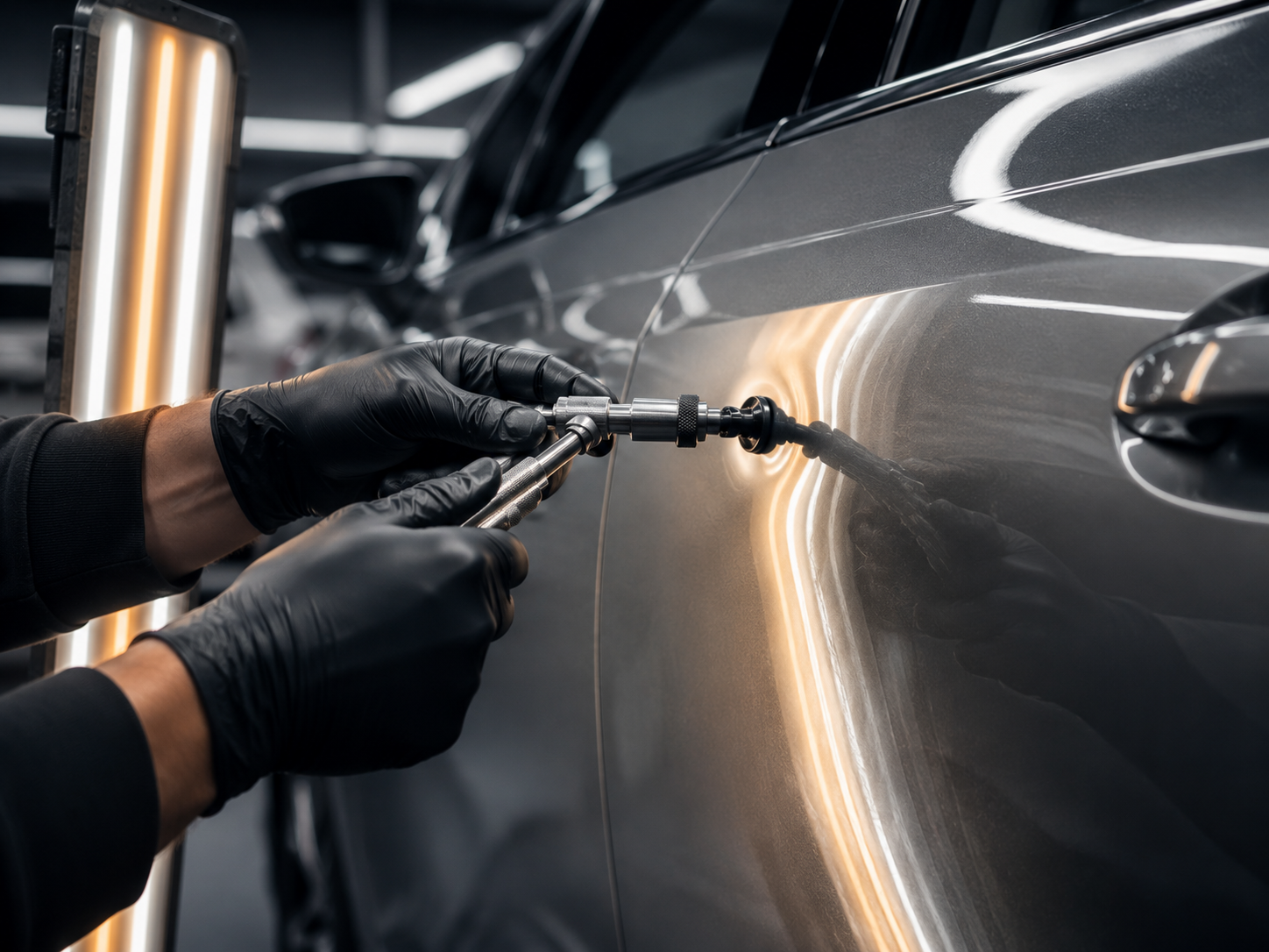 Dent being removed from a car panel