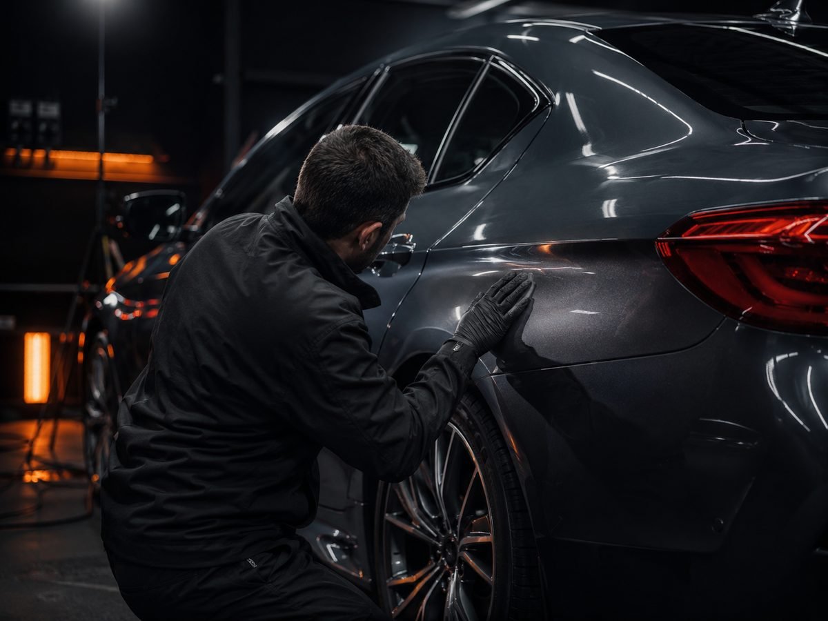 Technician inspecting the paintwork of a grey car in the Welwyn Autobody workshop